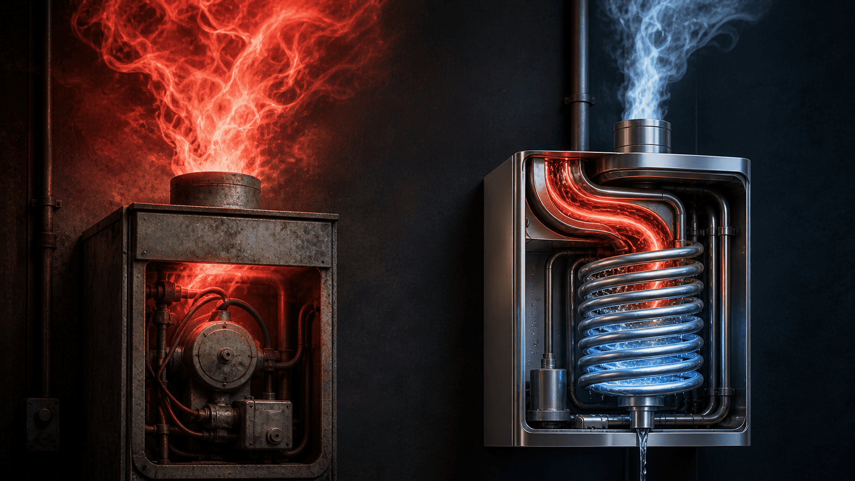 Confronto tecnico tra caldaia a condensazione moderna e caldaia tradizionale con grafico efficienza e costi