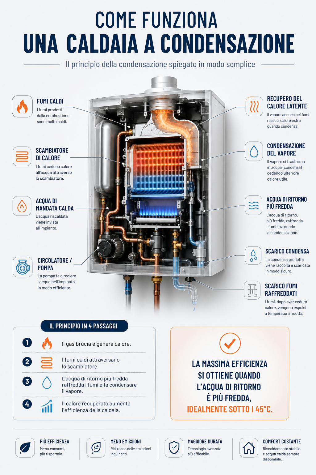 Infografica tecnica che spiega come funziona una caldaia a condensazione, con bruciatore, scambiatore di calore, fumi caldi, acqua di ritorno, scarico condensa e recupero del calore latente