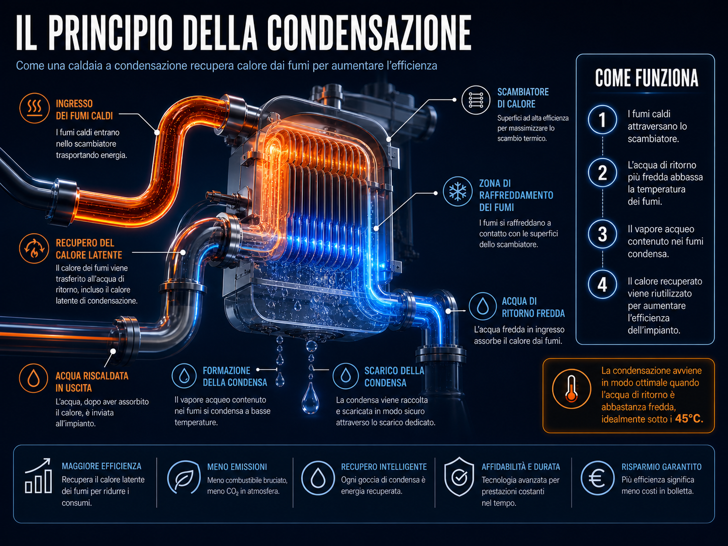 Infografica tecnica sul principio della condensazione in una caldaia a condensazione, con scambiatore di calore, fumi caldi, acqua di ritorno fredda, formazione della condensa e recupero del calore latente